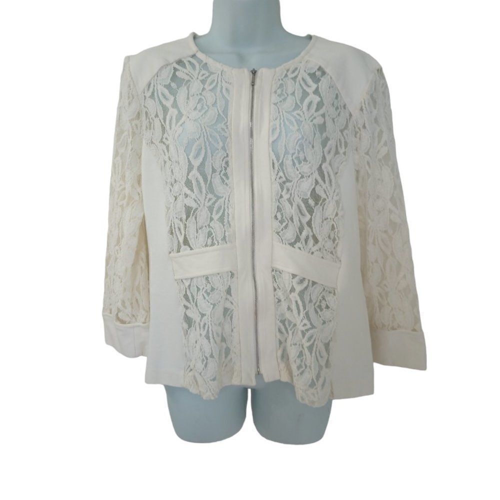 Kate & Mallory Ivory Lace Zip Jacket Sheer Floral Long Sleeve Blazer Women’s‎ L